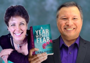 Tom Marcoux holds Tama Kieves's book, "A Year Without Fear"
