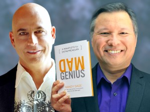 Tom Marcoux holds Randy Gage 's book "Mad Genius: A Manifesto for Entrepreneurs"
