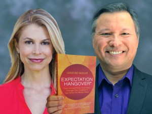 Tom Marcoux holds Christine Hassler 's book "Expectation Hangover"