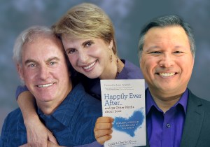 Tom Marcoux holds up Linda and Charlie Bloom 's book "Happily Ever After ... and 39 Other Myths about Love"